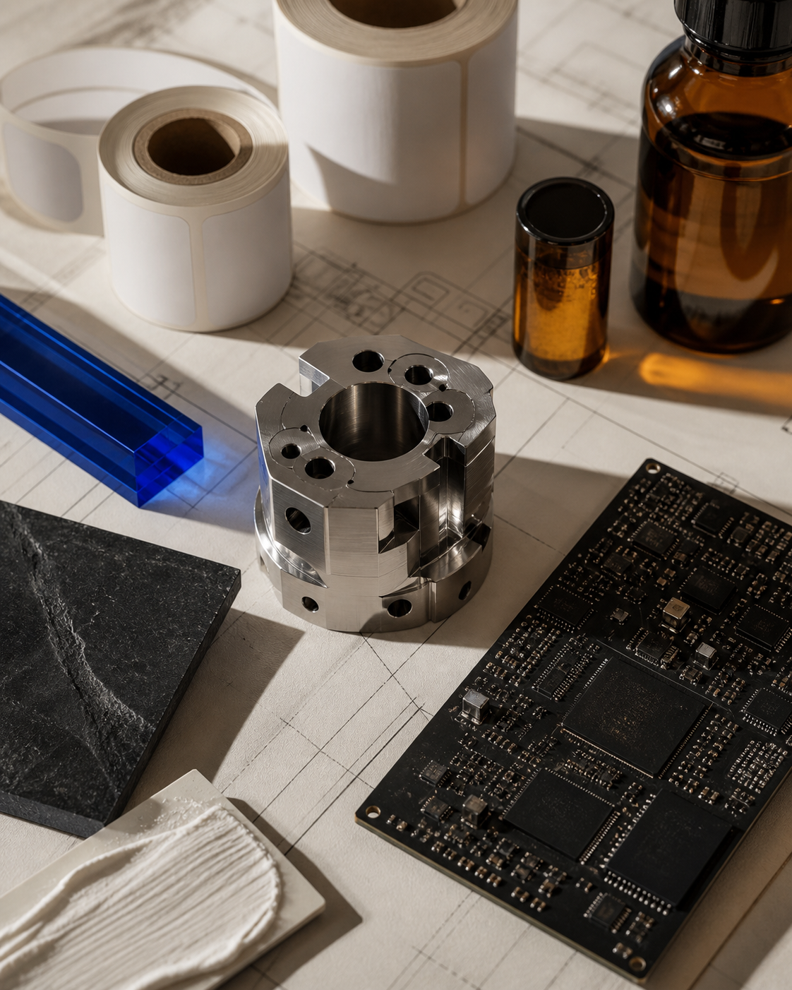 Machined metal, electronics, lab glass and logistics labels arranged on an ivory work surface